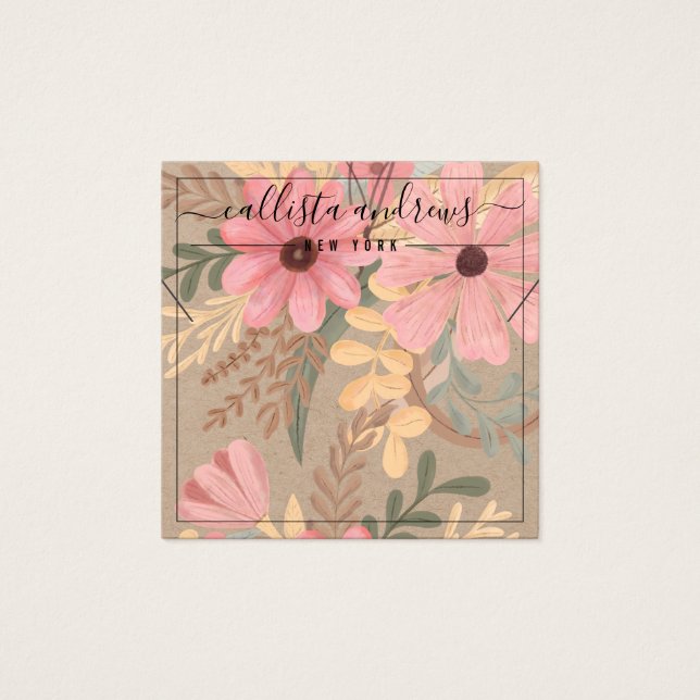 Pink Floral Kraft Cursive Necklace Display Card (Front)