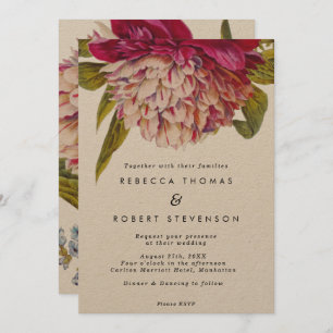 pink floral kraft vintage boho wedding invitation