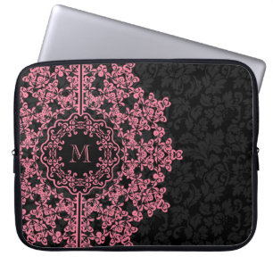 Pink Floral Lace Black Damasks Monogramed Laptop Sleeve