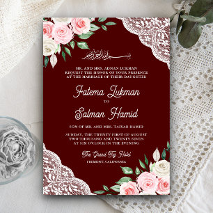 Pink Floral Lace Burgundy QR Code Muslim Wedding Invitation