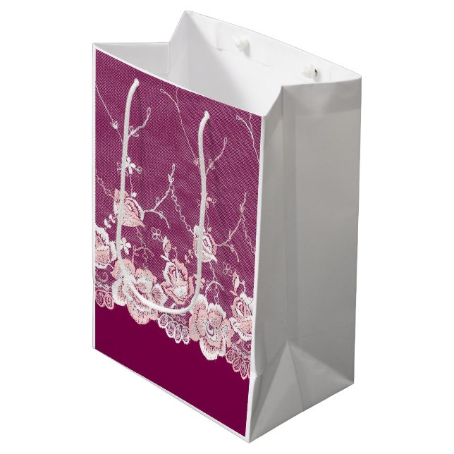 Pink Floral Lace Medium Gift Bag (Front Angled)