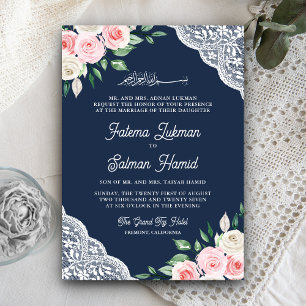 Pink Floral Lace Navy Blue QR Code Muslim Wedding Invitation
