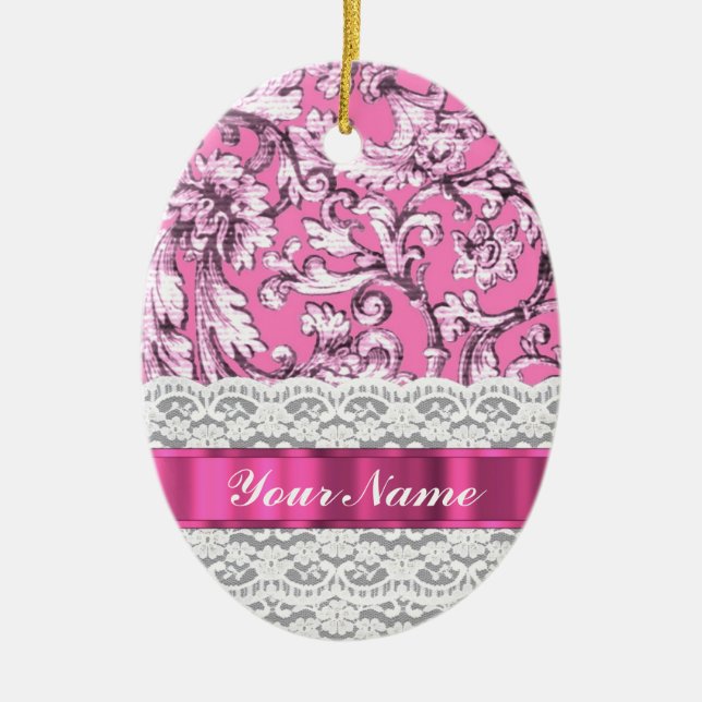 Pink floral lace pattern ceramic tree decoration (Front)