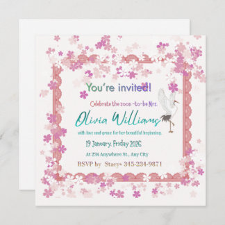 Pink Floral Lace Stork Bridal Shower Invitation | 