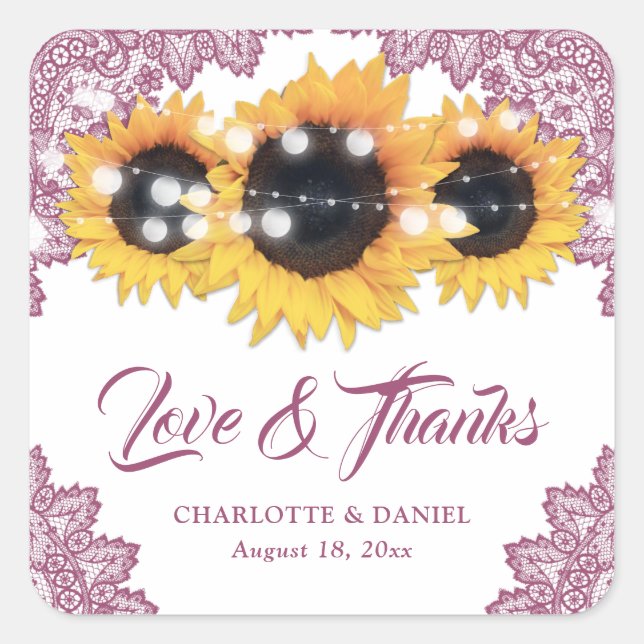 Pink Floral Lace Sunflower Wedding Thank You Square Sticker (Front)