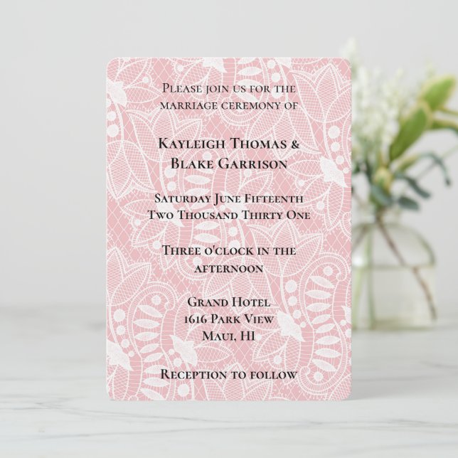 Pink Floral Lace Wedding Invitation (Standing Front)