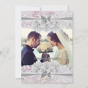 Pink floral lace wedding photo invitation