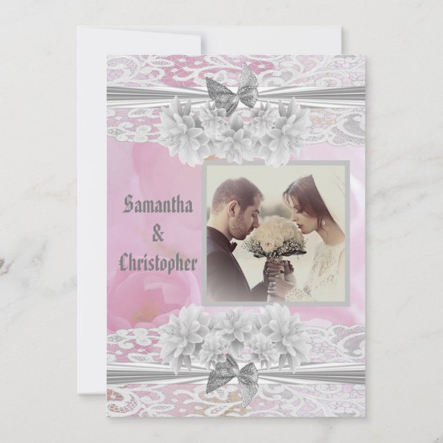 Pink floral lace wedding photo invitation (Back)