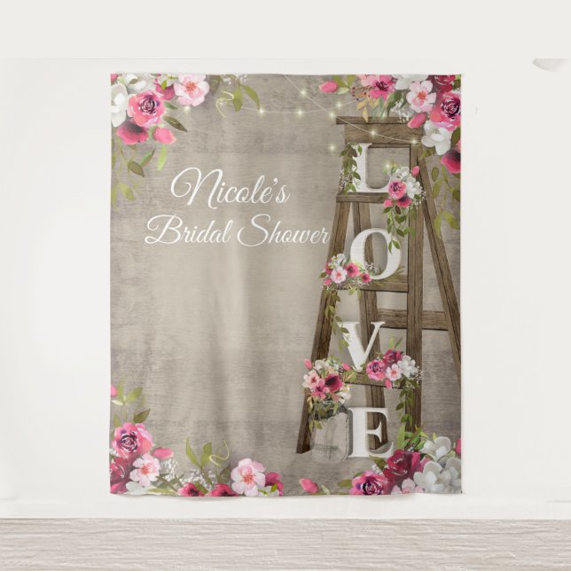 Pink Floral Ladder Rustic Bridal Shower Tapestry (Front)