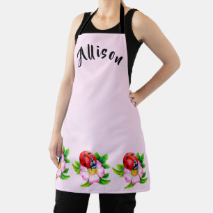 Pink Floral Ladybug Women's Name Apron