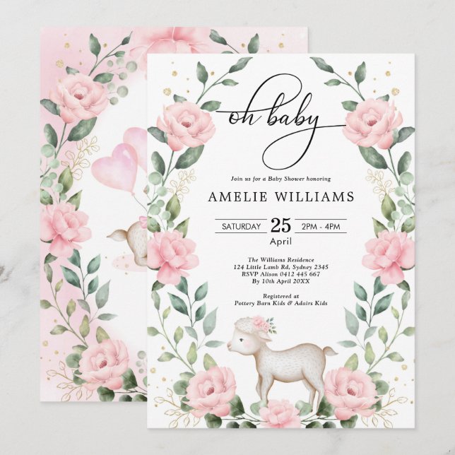 Pink Floral Lamb Greenery Wreath Girl Baby Shower Invitation (Front/Back)