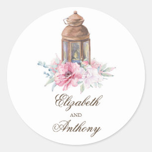 Pink Floral Lantern Elegant Wedding Classic Round Sticker