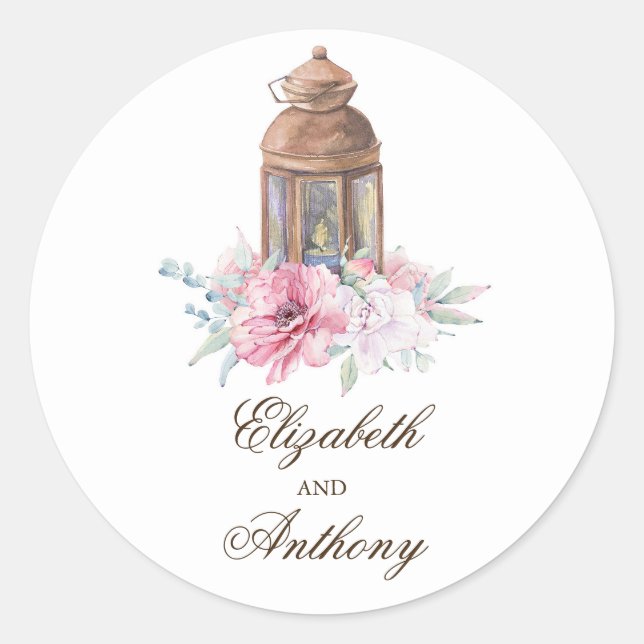 Pink Floral Lantern Elegant Wedding Classic Round Sticker (Front)