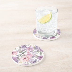 Pink Floral Lavender Rose Watercolor Purple Flower Coaster