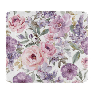 Pink Floral Lavender Rose Watercolor Purple Flower Cutting Board