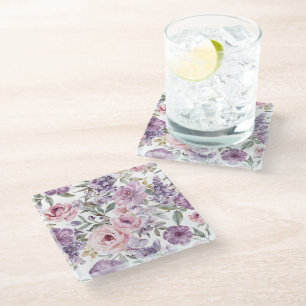 Pink Floral Lavender Rose Watercolor Purple Flower Glass Coaster