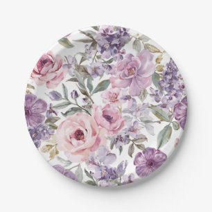 Pink Floral Lavender Rose Watercolor Purple Flower Paper Plate
