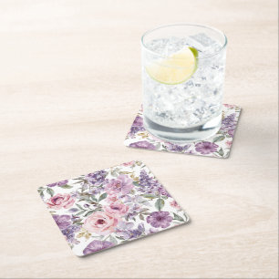 Pink Floral Lavender Rose Watercolor Purple Flower Square Paper Coaster