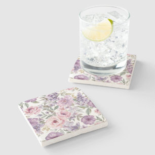Pink Floral Lavender Rose Watercolor Purple Flower Stone Coaster