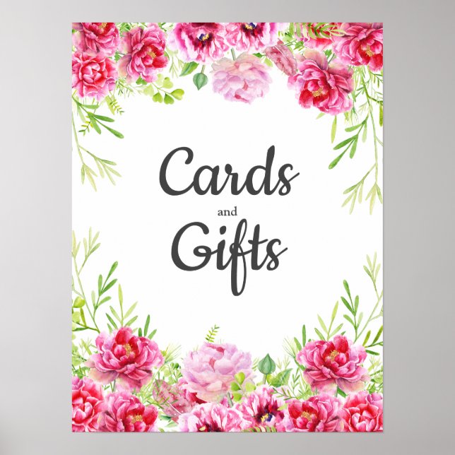 Pink Floral Leaves White Birthday Party Cards Gift Poster (Front)