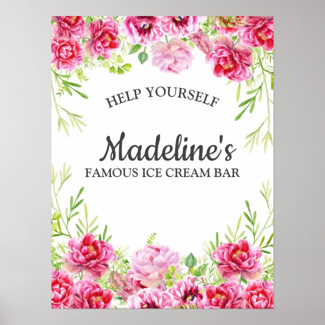 Pink Floral Leaves White Birthday Party Ice Cream Poster (Front)