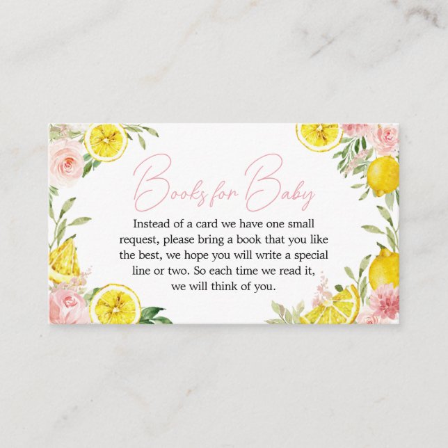 Pink Floral Lemon Baby Shower Books for Baby Enclosure Card (Front)
