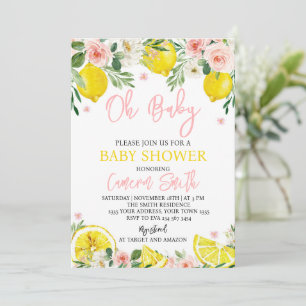 Pink Floral Lemon Baby Shower Invitation