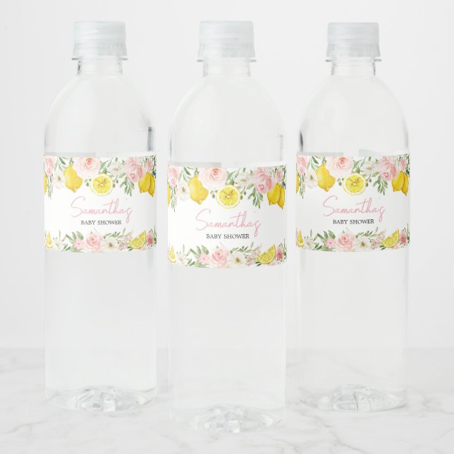 Pink Floral Lemon Baby Shower Water Bottle Label (Bottles)