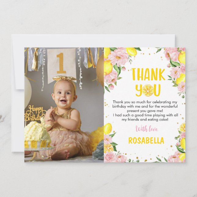 Pink Floral Lemon Birthday Photo Thank You Card (Front)