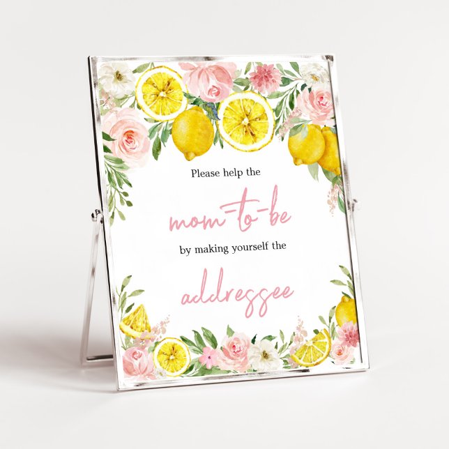 Pink Floral Lemon Envelope Station Poster (Summer Lemon Citrus Baby Shower Envelope Station Sign)