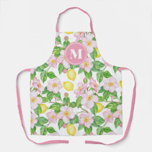 Pink Floral Lemon Pattern Monogram Apron