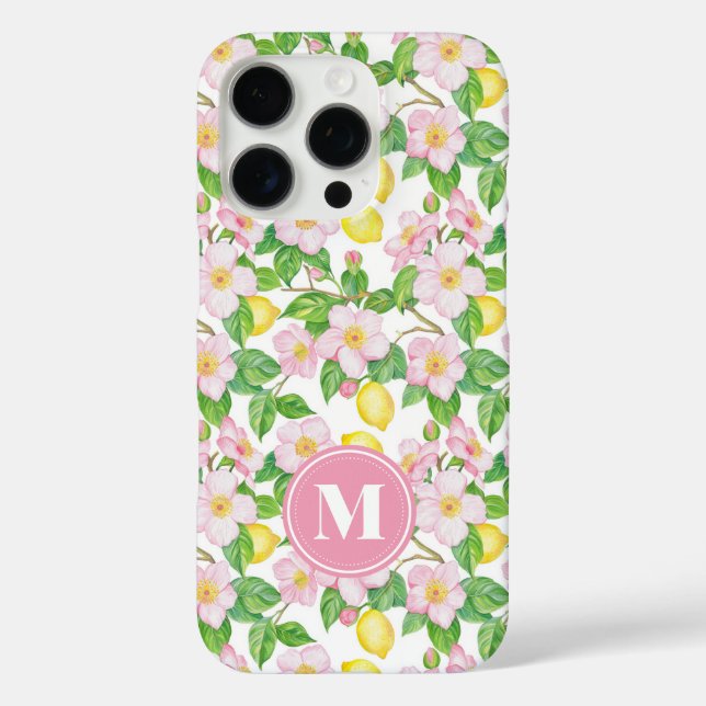 Pink Floral Lemon Pattern Monogram Case-Mate iPhone Case (Back)