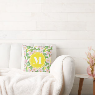 Pink Floral Lemon Pattern Monogram Cushion