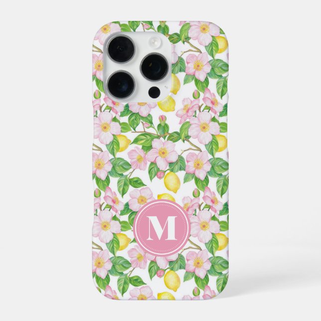 Pink Floral Lemon Pattern Monogram iPhone Case (Back)