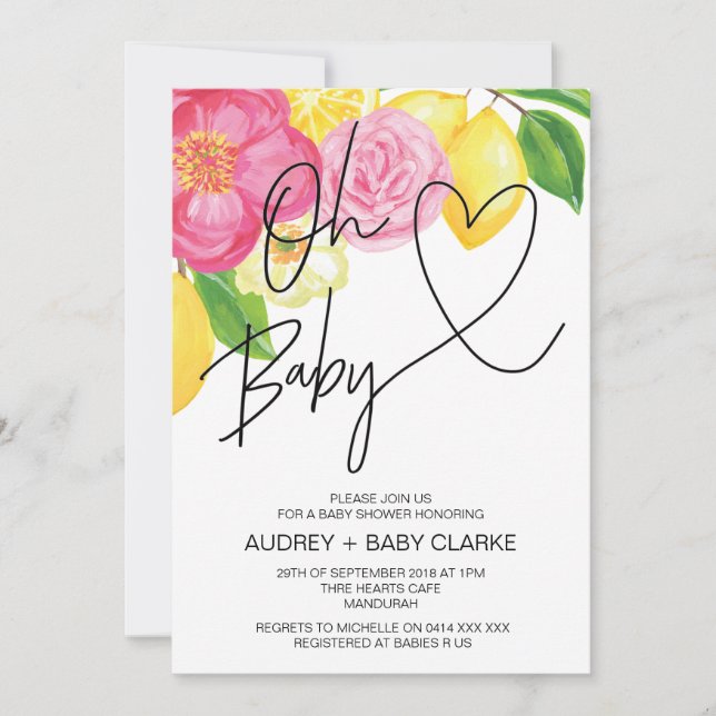 Pink Floral & Lemon Spring Oh Baby Girl Shower Invitation (Front)