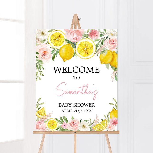 Pink Floral Lemon Welcome Poster (Summer Lemon Citrus Baby Shower Welcome Sign)