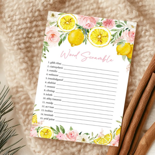 Pink Floral Lemon Word Scramble Game (Summer Lemon Citrus Baby Shower Word Scramble Game)