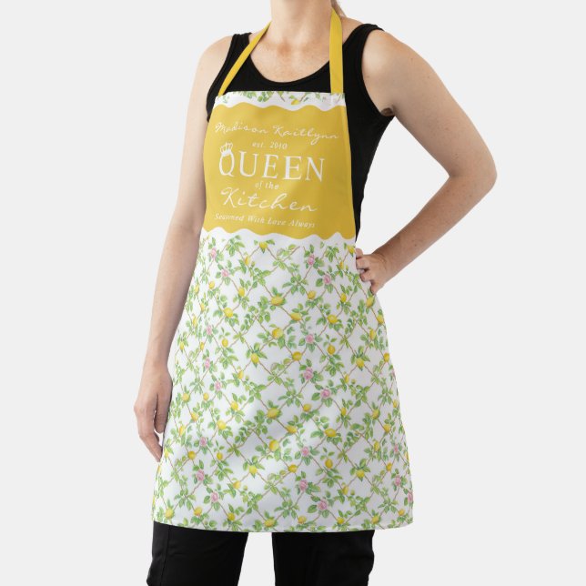 Pink Floral Lemons Citrus Queen of the Kitchen Apron (Insitu)