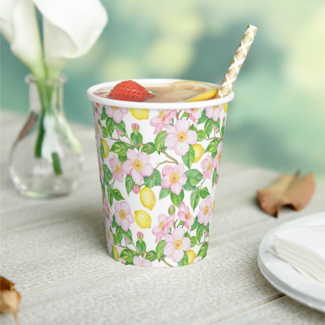 Pink Floral Lemons Pattern  Paper Cups (Insitu)