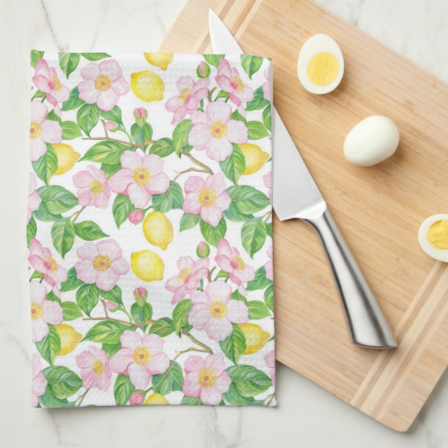 Pink Floral Lemons Pattern  Tea Towel (Quarter Fold)