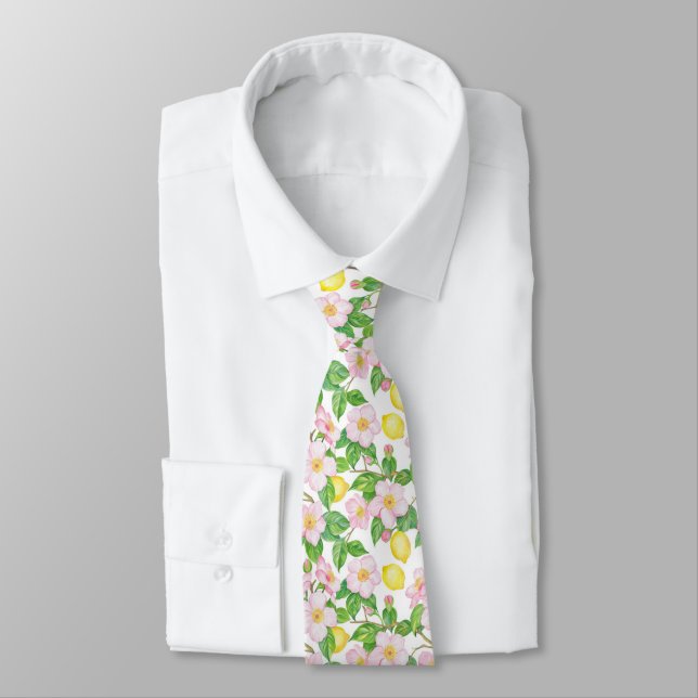Pink Floral Lemons Pattern  Tie (Tied)