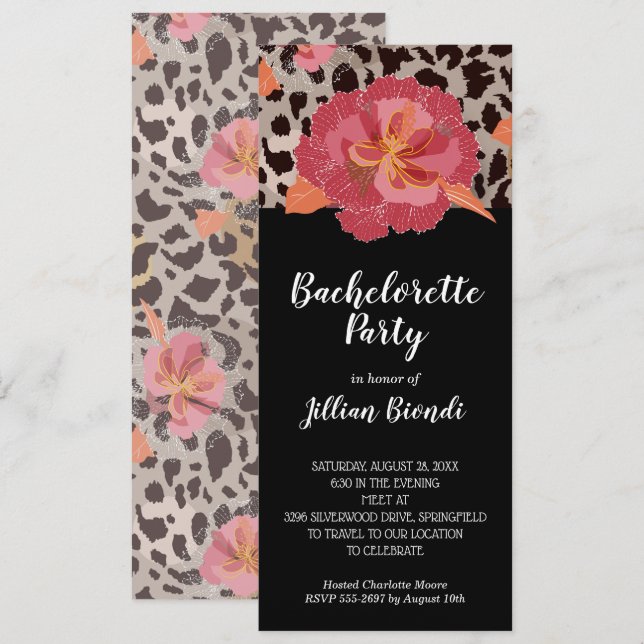 Pink Floral Leopard Print Bachelorette Party Invitation (Front/Back)