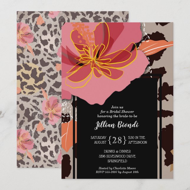 Pink Floral Leopard Print Bridal Shower Invitation (Front/Back)