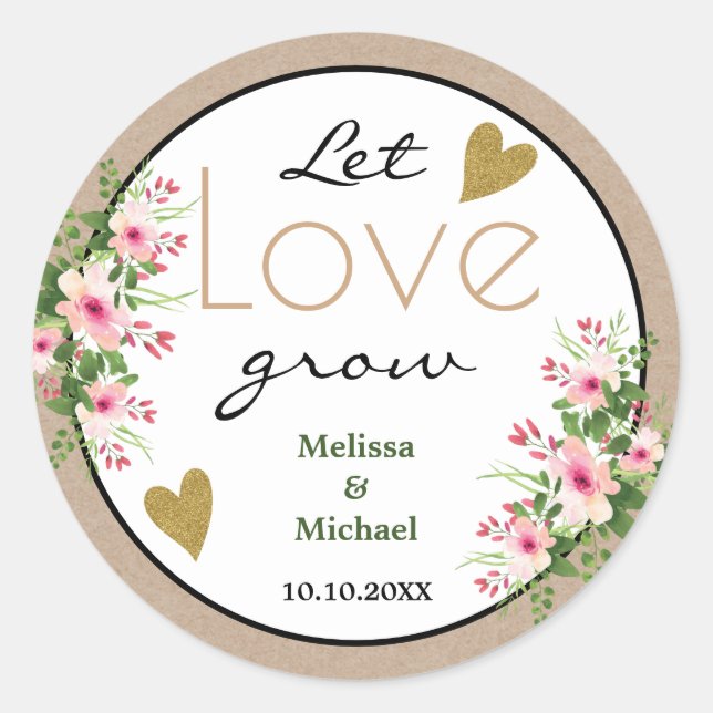 Pink Floral Let Love Grow Tropical Wedding Kraft Classic Round Sticker (Front)