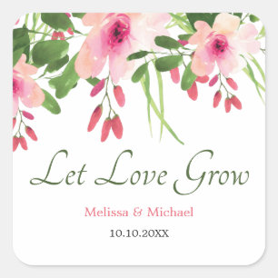 Pink Floral Let Love Grow Tropical Wedding Square Sticker