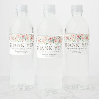 Pink Floral Letter Thank You Custom Graduation  Water Bottle Label