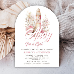 Pink Floral Lighthouse Nautical Arch Baby Shower Invitation