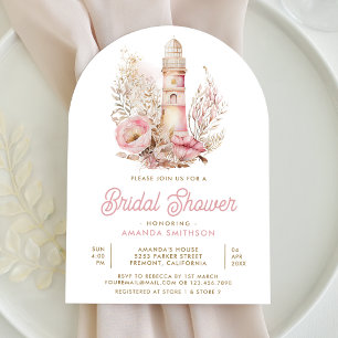Pink Floral Lighthouse Nautical Arch Bridal Shower Invitation