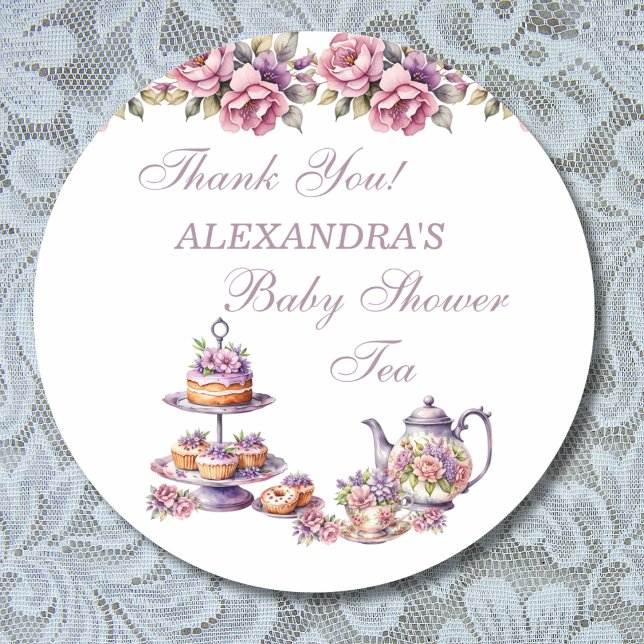Pink Floral Lilac Tea Party Baby Shower Favour Classic Round Sticker (Creator Uploaded)