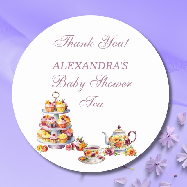 Pink Floral Lilac Tea Party Baby Shower Favour  Classic Round Sticker (Creator Uploaded)